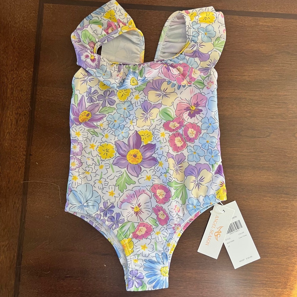 Angel Season Kids Toddler Girls One Piece Swimsuit Floral Ruffle Sleeve Size 2T